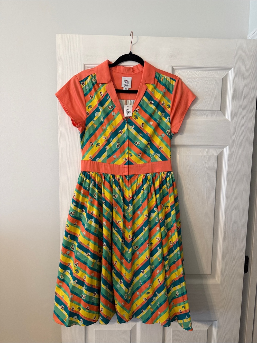 Disney Coral, Teal & Yellow Striped Fit-and-Flare Dress size M length 42” B32”